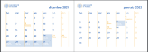 A calendar with layout of weeks in December and January to show what days of the year are a holiday in parma university medicine in English course.