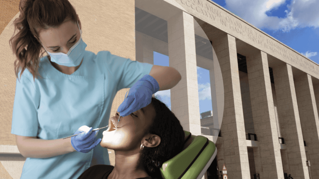 A dentist and a patient in front of sapienza university