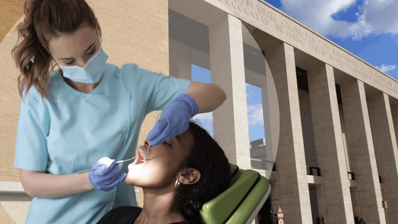 A dentist and a patient in front of sapienza university