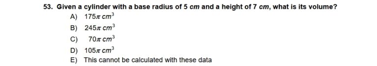 2024 IMAT maths question 53. Requires recall of cylindrical volume formula.